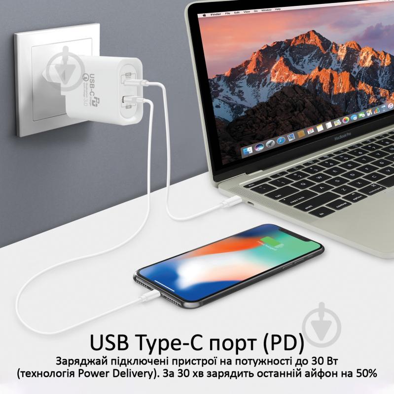 Зарядное устройство Promate PowerPort-36 36Вт Type-C PD + USB QC3.0 White - фото 3