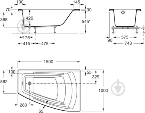 Ванна акрилова ROCA Hall 150х100 см з ніжками і підголовником) права, A248165000 - фото 2