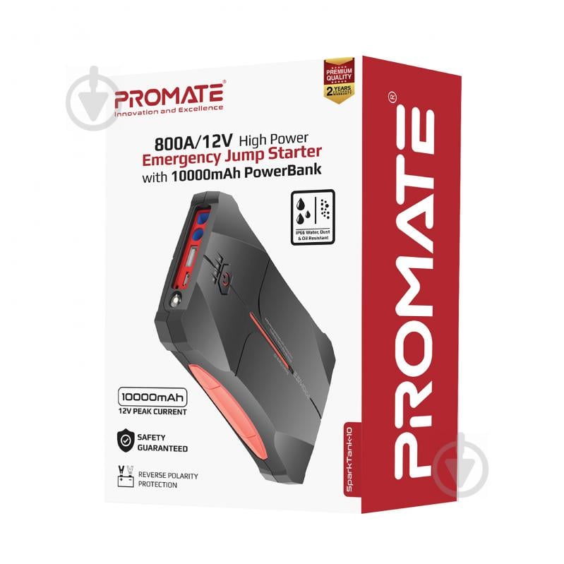 Мобильное пускозарядное устройство Promate SparkTank-10 10000 mAh 800A Jump Starter USB 2.1А IP66 LED - фото 8