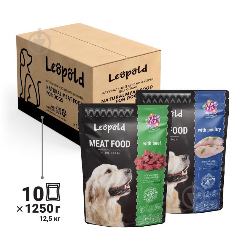Корм вологий для усіх порід Леопольд асорті 10 шт. з яловичиною та куркою 12,5 кг - фото 2