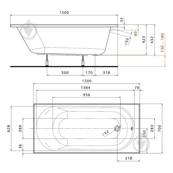 Ванна акрилова Kolo Opal Plus XWP135000N 150х70 см прямокутна без ніжок - фото 2