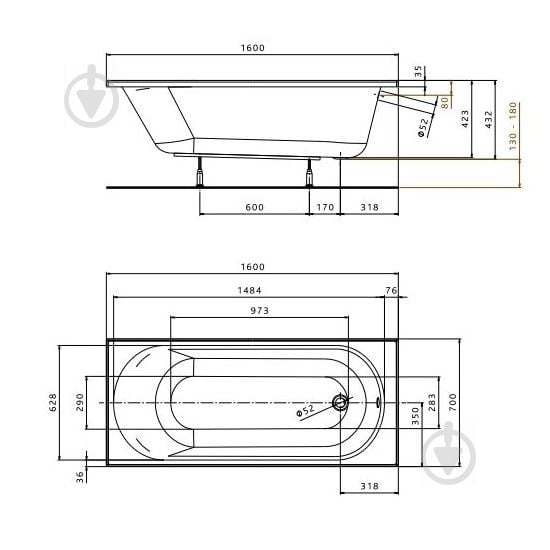 Ванна акрилова Kolo Opal Plus XWP136000N 160х70 см прямокутна без ніжок - фото 2