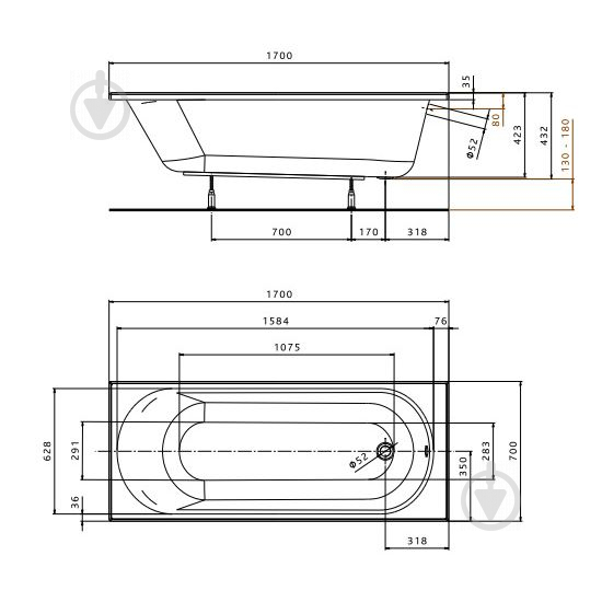 Ванна акрилова Kolo Opal Plus XWP137000N 170х70 см прямокутна без ніжок - фото 2