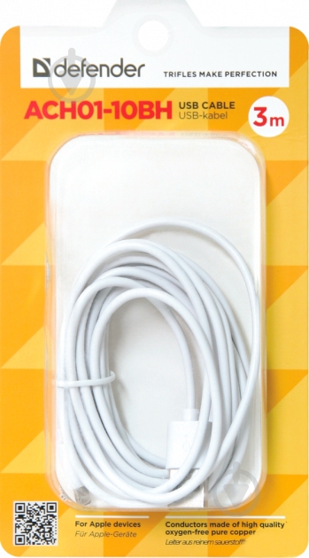 Кабель Defender ACH01-10BH USB (AM) — Lightning 3 м белый (87466) - фото 3 Кабель Defender ACH01-10BH USB (AM) — Lightning 3 м белый (87466) - фото 3