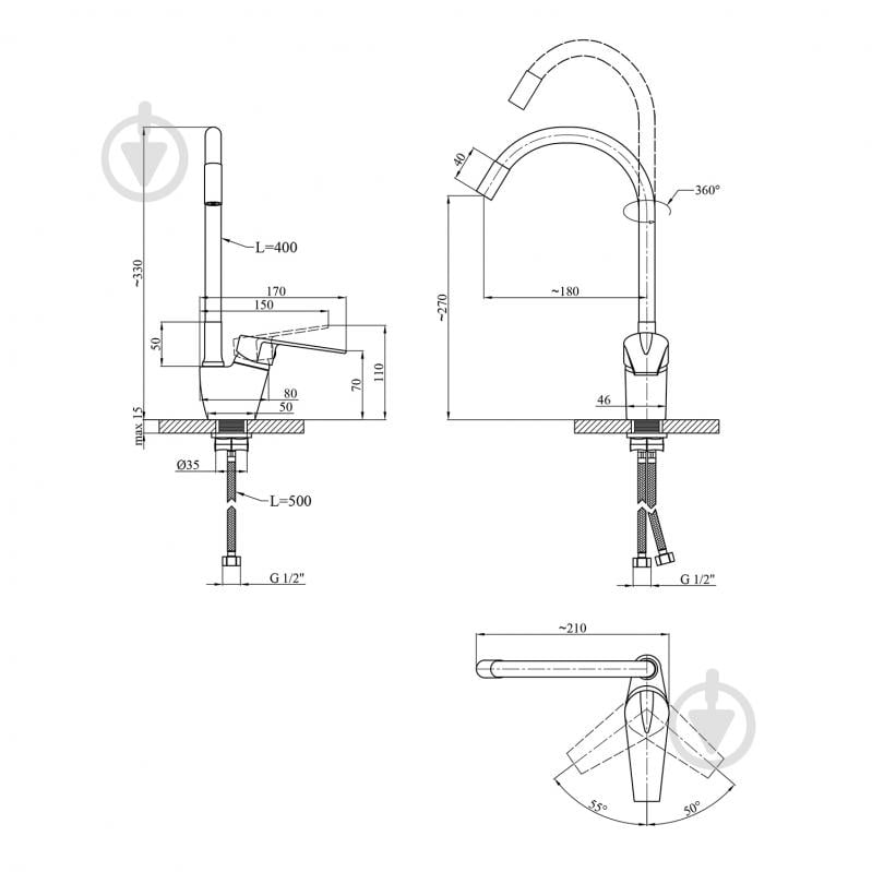 Смеситель для кухни Kroner KRM Odra - C032BLK - фото 2