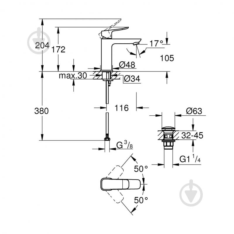 Змішувач для умивальника Grohe QuickFix Dice M-Size 1018332430 з донним клапаном - фото 2 Змішувач для умивальника Grohe QuickFix Dice M-Size 1018332430 з донним клапаном - фото 2