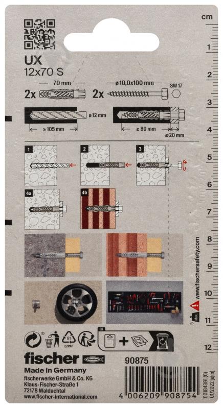 Дюбель универсальный дюбель UX 12x70 без бурта с шурупом FISCHER 12x70 мм 2 шт. (90875) - фото 3