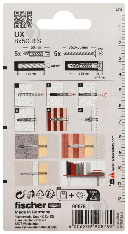 Дюбель универсальный дюбель UX 8x50 с буртом и с шурупом FISCHER 8x50 мм 5 шт. (90879) - фото 3