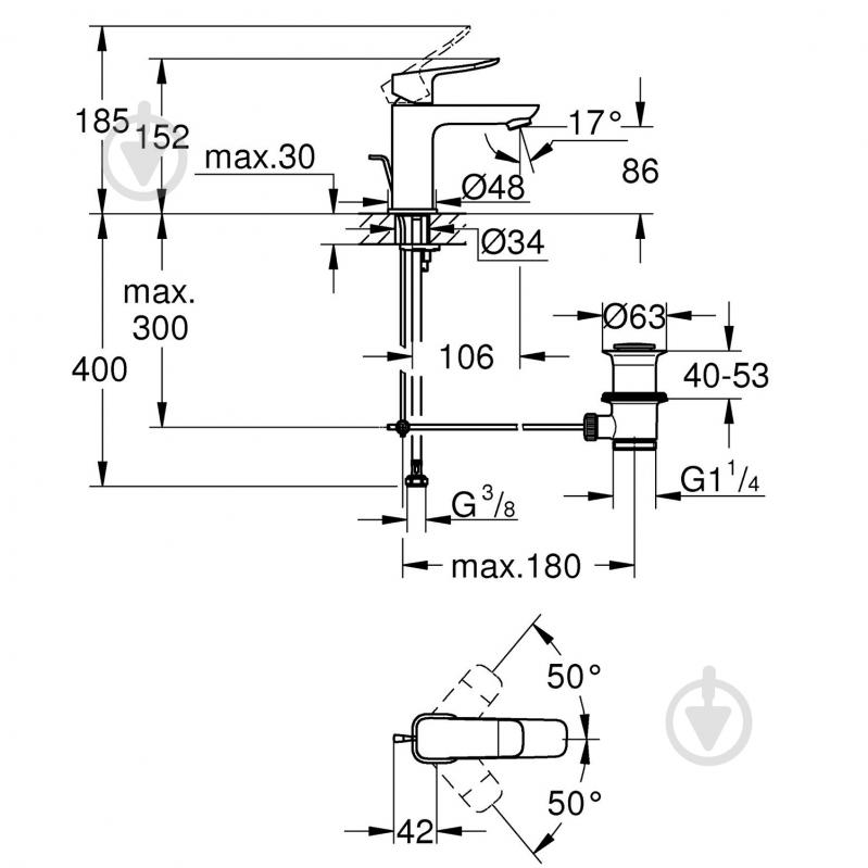 Змішувач для умивальника Grohe QuickFix Dice S-Size 1018562430 з донним клапаном - фото 10 Змішувач для умивальника Grohe QuickFix Dice S-Size 1018562430 з донним клапаном - фото 10