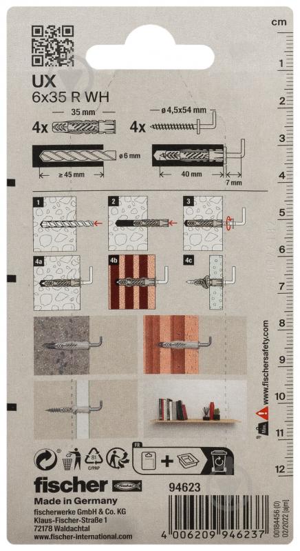 Дюбель универсальный дюбель UX 6x35 с буртом с С-гаком fischer 6x35 мм 4 шт. (94623) - фото 3