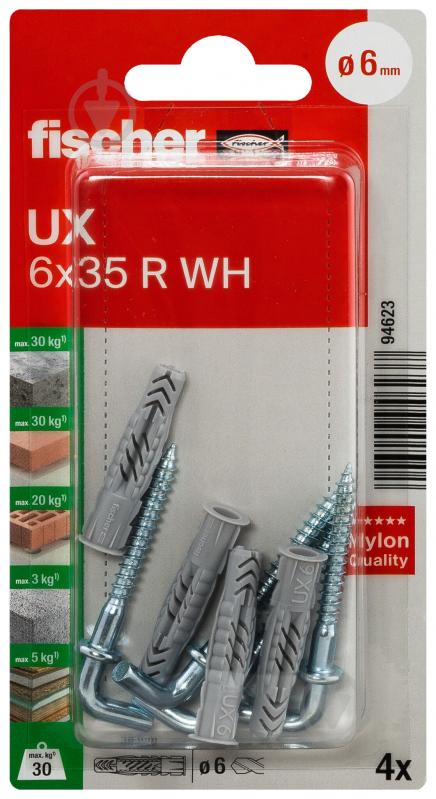 Дюбель универсальный дюбель UX 6x35 с буртом с С-гаком fischer 6x35 мм 4 шт. (94623) - фото 2
