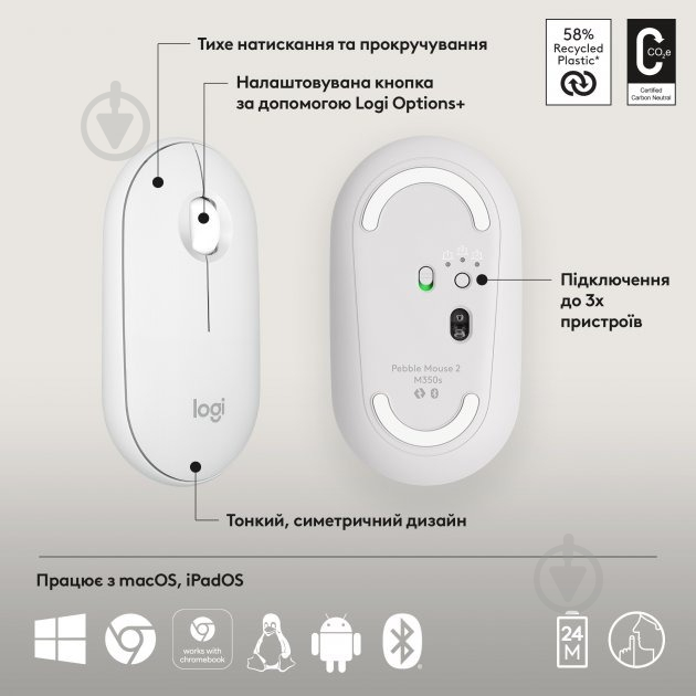 Мышь Logitech Pebble Mouse 2 M350s tonal white (L910-007013) - фото 6