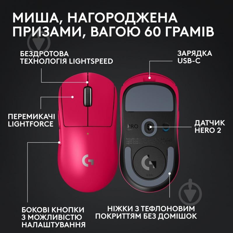 Миша Logitech G Pro X Superlight 2 Lightspeed magenta (910-006797) - фото 6 Миша Logitech G Pro X Superlight 2 Lightspeed magenta (910-006797) - фото 6