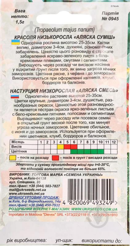 Семена Насіння України настурция низкорослая Аляска смесь 1,5 г - фото 2