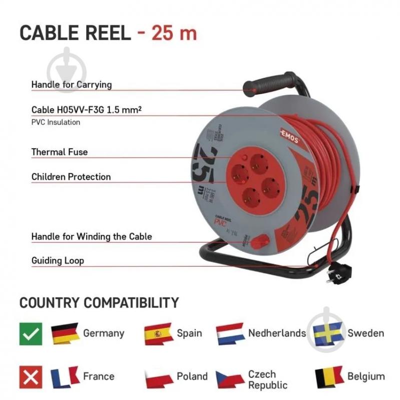 Подовжувач на котушці Emos із заземленням 4 гн. синій 25 м P09225M - фото 8 Подовжувач на котушці Emos із заземленням 4 гн. синій 25 м P09225M - фото 8