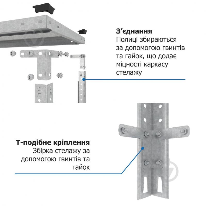 Стелаж металевий Меткас Кронос 2200x900x600 мм оцинкований метал полиці 6 шт. цинк - фото 8