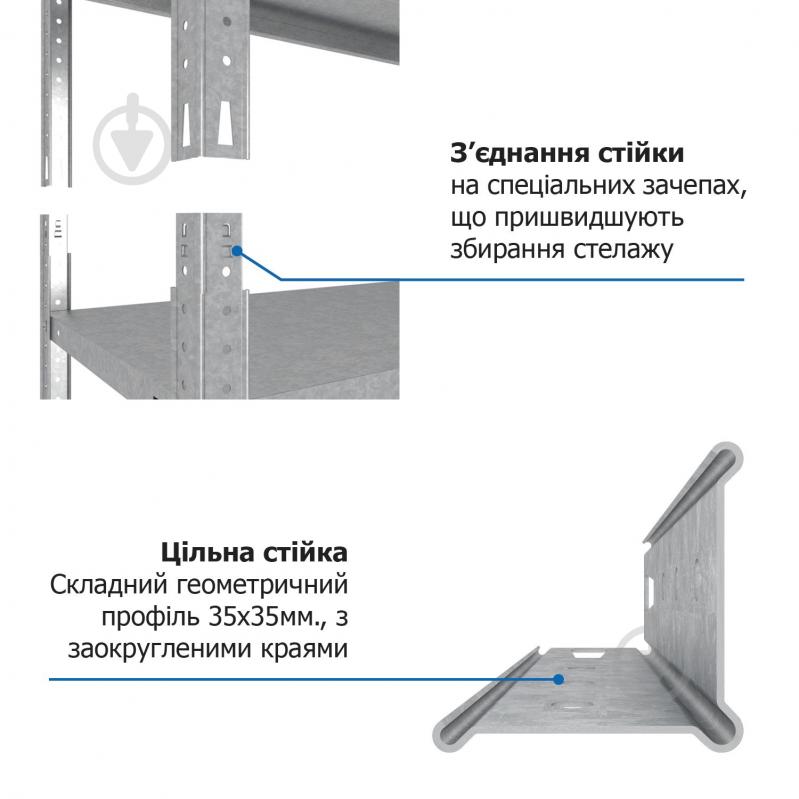 Стеллаж металлический Меткас Кронос 2200x900x600 мм оцинкованный металл полки 6 шт. цинк - фото 7