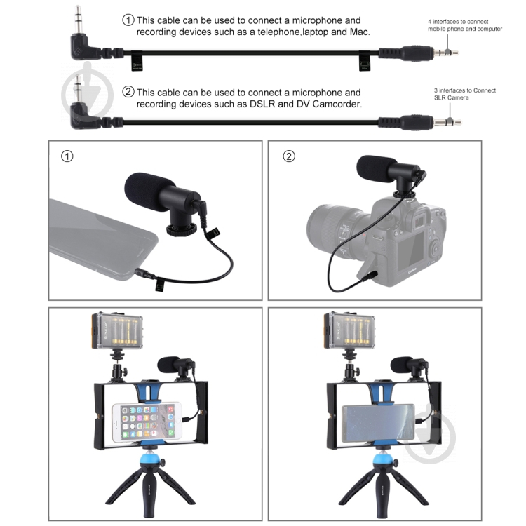 Комплект блогера Puluz PKT3025L 4 в1 (постоянный свет, штативное крепление, держатель для телефона, микрофон) - фото 3