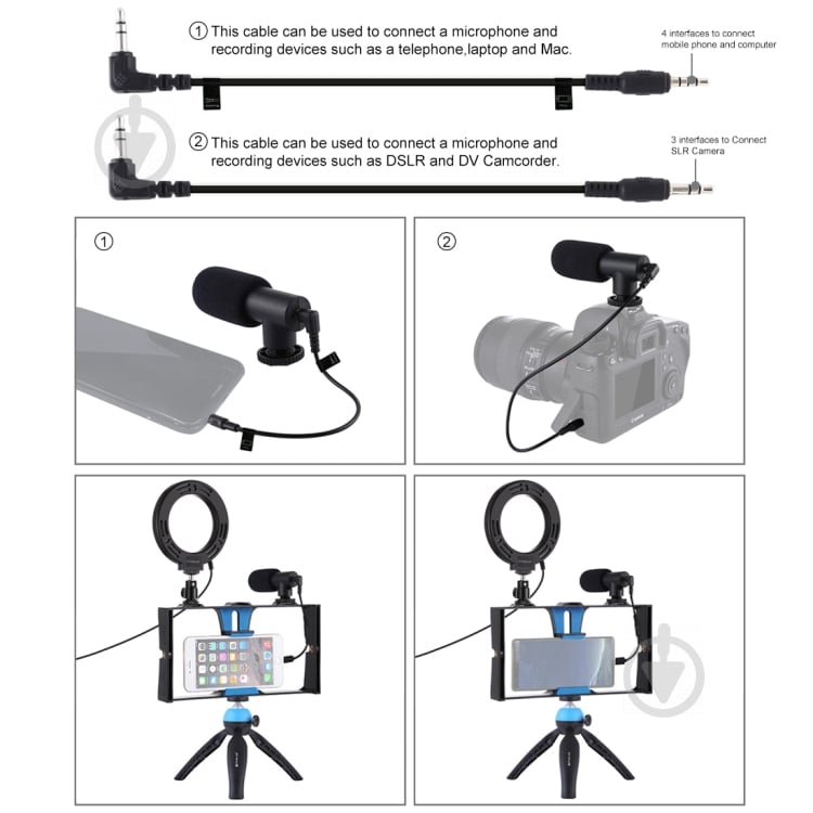 Комплект блогера Puluz PKT3025L 4 в 1 (кольцевой свет, крепления, держатель для телефона, микрофон) - фото 8