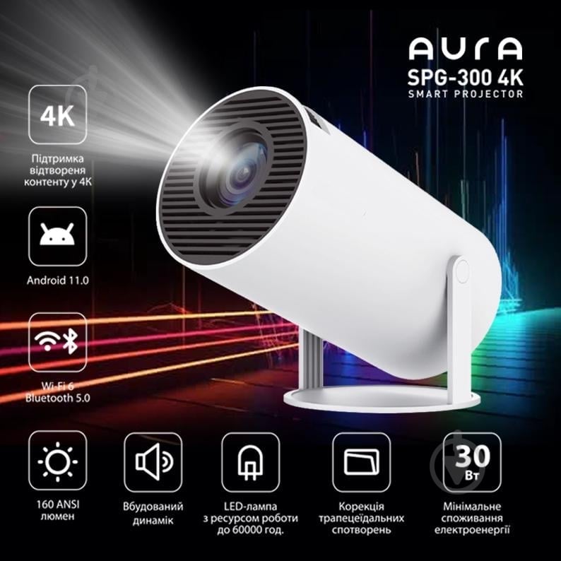 Проектор Aura 4K Android HDMI White SPJ-300 (AU-PRJSPJ300-W) - фото 2