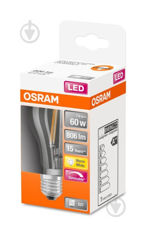 Лампа светодиодная Osram FIL Parathom Dim A60 7 Вт E27 2700 К 220 В прозрачная 4058075100978 - фото 2