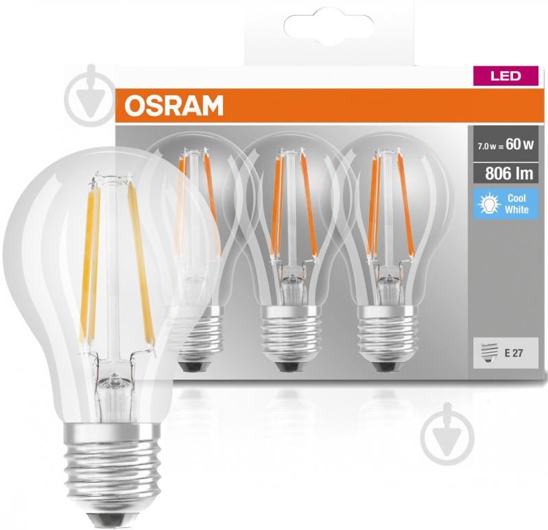 Лампа светодиодная Osram FIL 3 шт./уп. A60 6,5 Вт E27 4000 К 220 В прозрачная 4058075819535 - фото 1