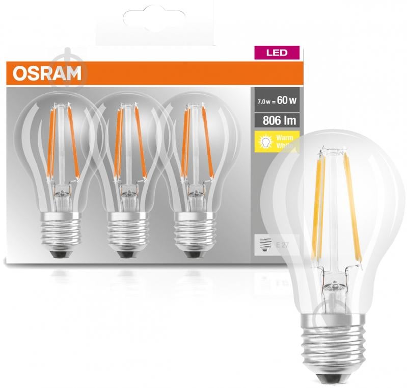 Лампа світлодіодна Osram FIL 3 шт./уп. A60 7 Вт E27 3000 К 220 В прозора 4058075819290 - фото 1