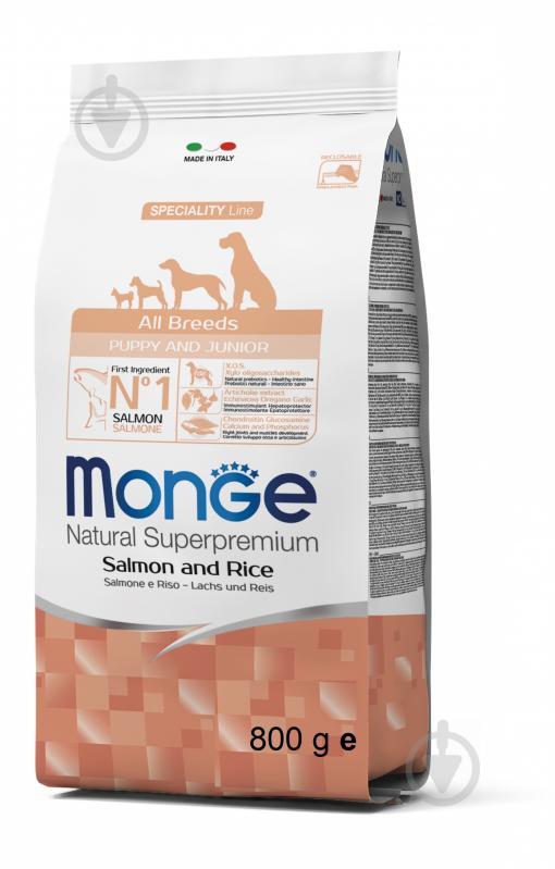 Корм для всех пород Monge Dog All breeds Puppy & Junior Salmon & Rice для щенков всех пород со вкусом рыбы и риса 800 г 800 г - фото 1