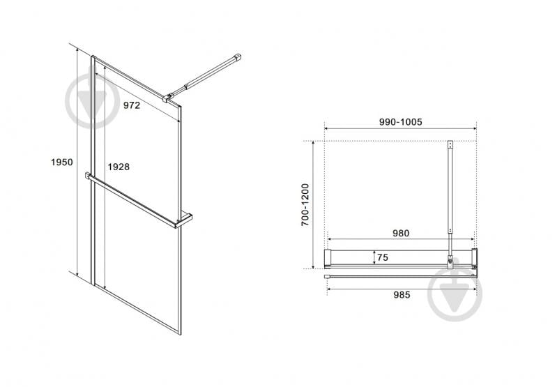 Стенка душевая Koller Pool AQWB70120С AQUA Walk-IN Black matt 1000x1950x(700-1200) - фото 4