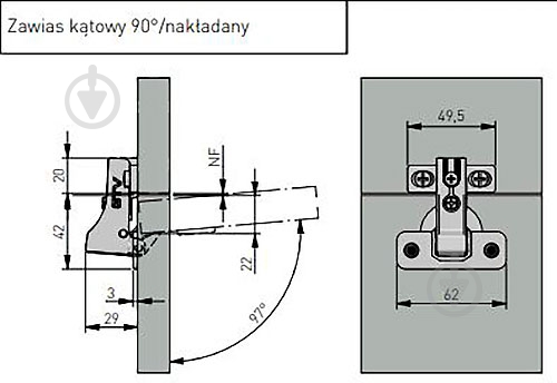 Петля равнолежащая GTV с коротким плечом ZM-HCKTK90-ZE - фото 2