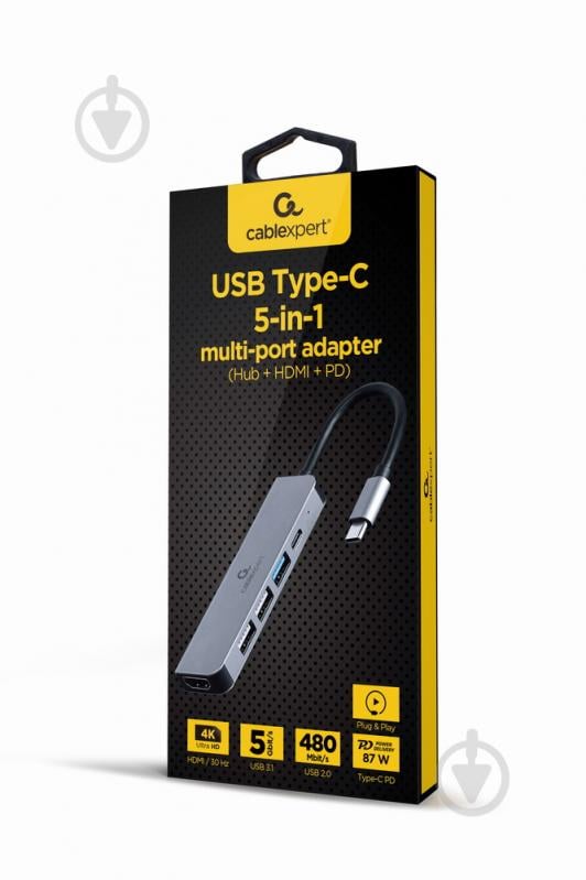 Док-станція Cablexpert USB-C 5-в-1 (хаб/HDMI/PD) dark grey (A-CM-COMBO5-03) - фото 2