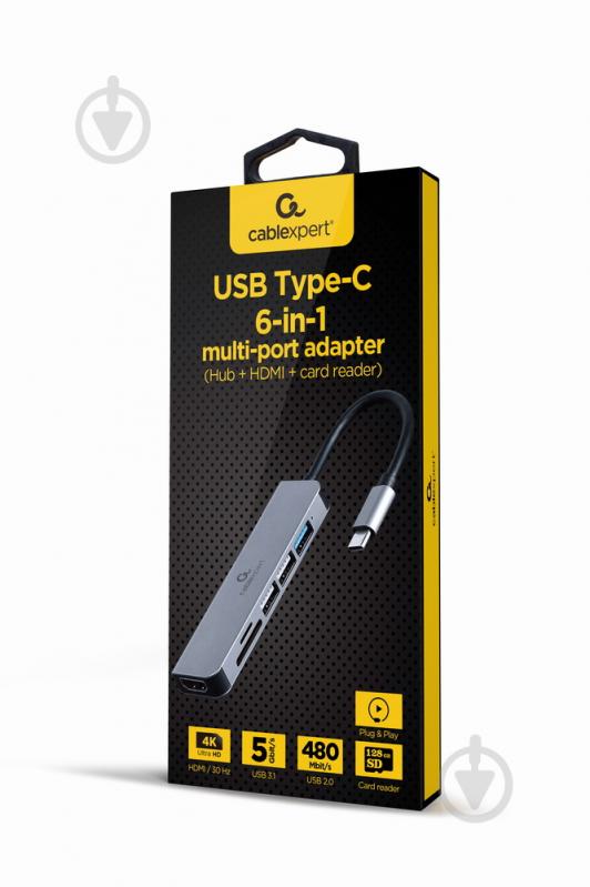 Док-станція Cablexpert USB-C 6-в-1 (хаб/HDMI/картридер dark grey (A-CM-COMBO6-02) - фото 2