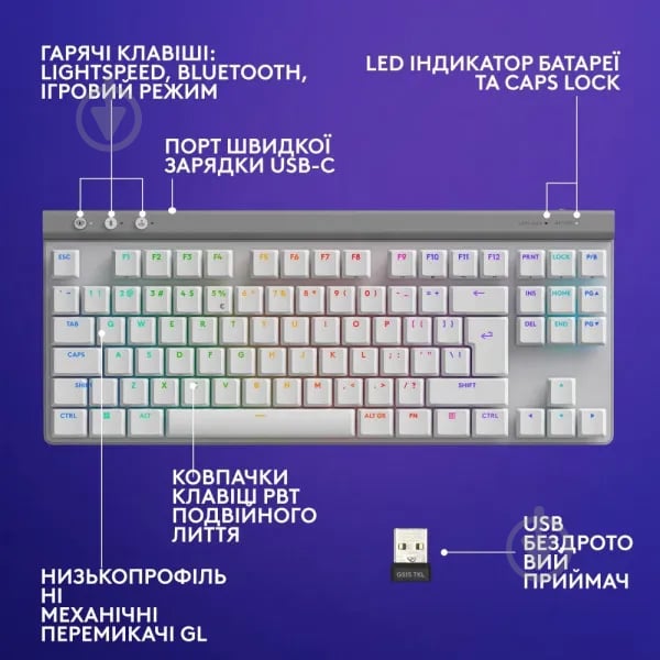 Клавиатура игровая Logitech G515 LIGHTSPEED TKL (L920-012539) white - фото 7