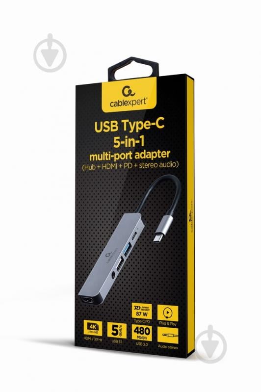 Док-станція Cablexpert USB-C 5-в-1 (хаб/HDMI/PD/Аудио 3,5) dark grey (A-CM-COMBO5-02) - фото 2