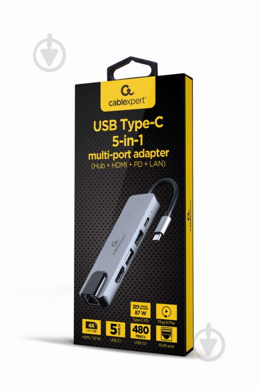 Док-станція Cablexpert USB-C 5-в-1 (хаб/HDMI/PD/LAN) dark grey (A-CM-COMBO5-04) - фото 2