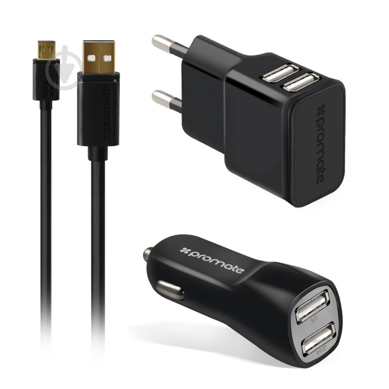 Зарядный комплект Promate ChargMate-EU2 Black + кабель Micro-USB 1.2 м + сетевое ЗУ 2.1 A - фото 1