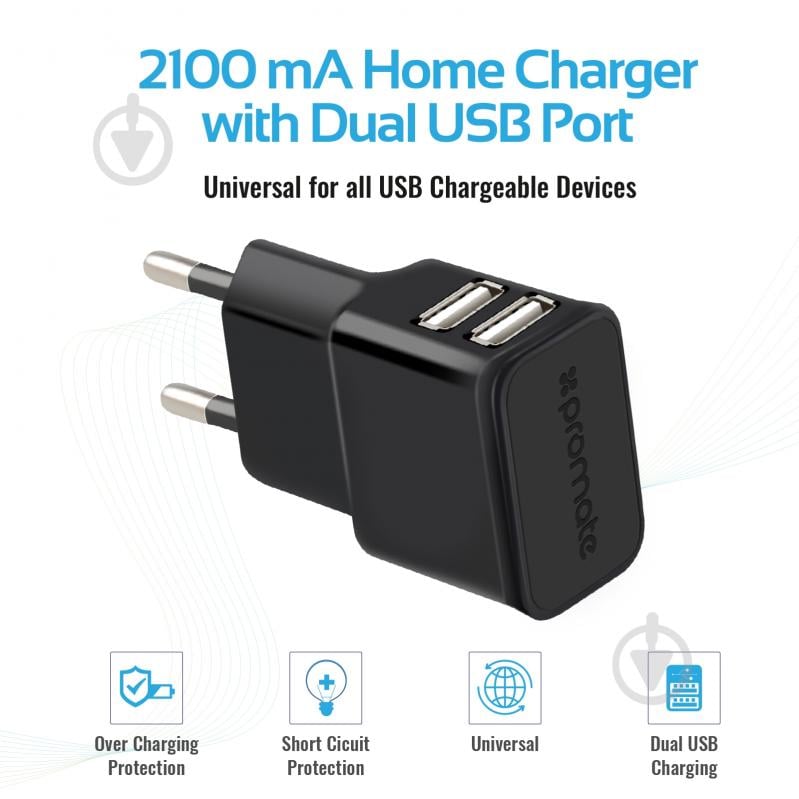 Зарядный комплект Promate ChargMate-EU2 Black + кабель Micro-USB 1.2 м + сетевое ЗУ 2.1 A - фото 3