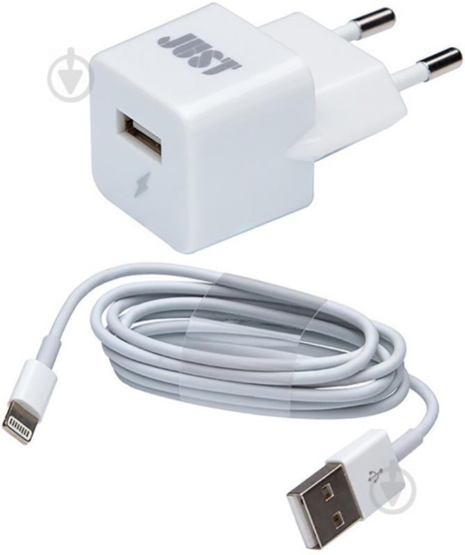 Мережевий зарядний пристрій JUST Atom USB Wall Charger (1A/5W, 1USB) White с Lightning кабелем (WCHRGR-TMLGHT-WHT) - фото 1