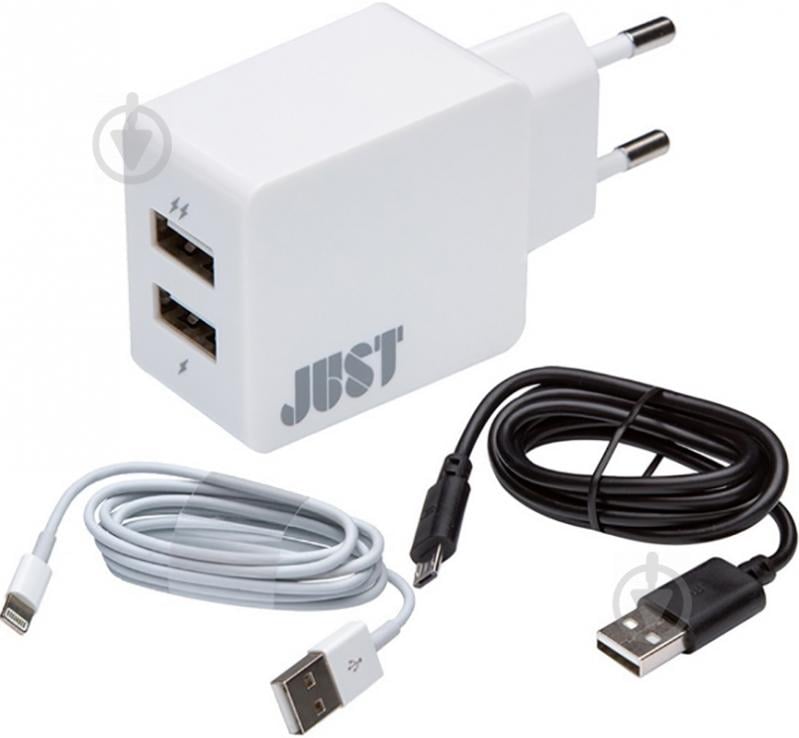 Мережевий зарядний пристрій JUST Core Dual USB Wall Charger 3,4 A/17 W 2USB c microUSB&Lightning кабелями WCHRGR-CR2C-WHT - фото 1