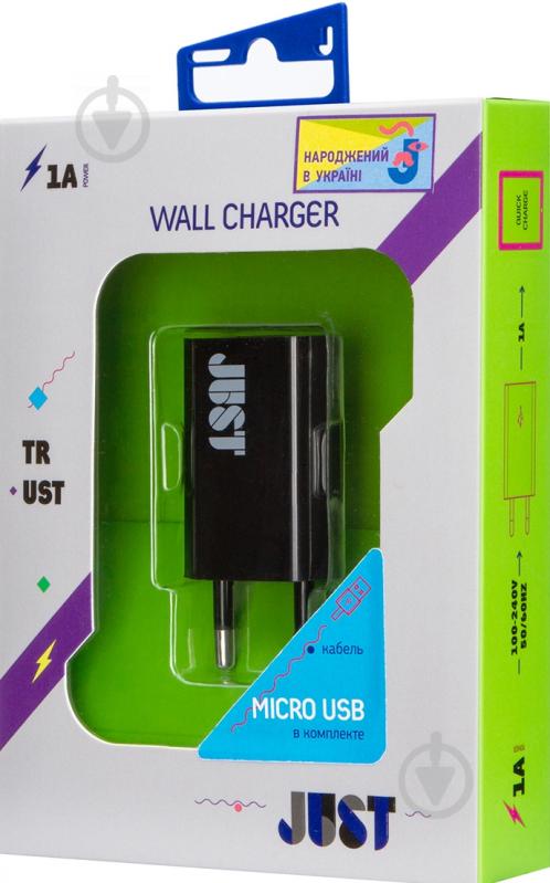 Мережевий зарядний пристрій JUST USB Wall Charger 1 A/5 W 1USB c microUSB кабелем WCHRGR-TRSTMUSB-BLCK - фото 3