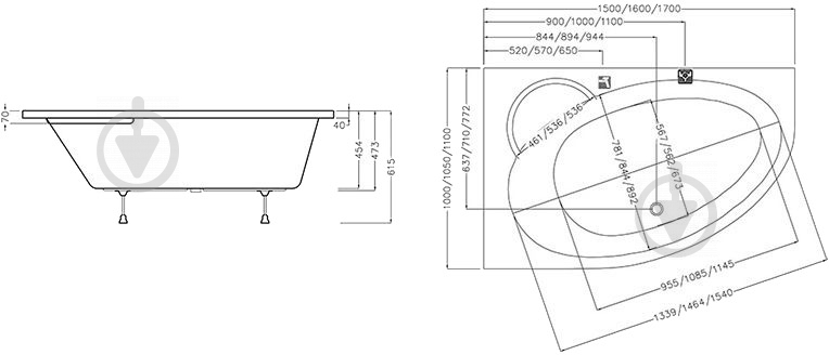 Ванна акриловая Ravak 170х110 см Asymmetric II 170 L - фото 3