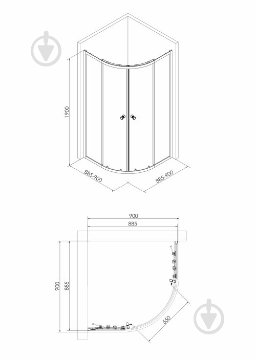 Душове огородження VOLLE CADIZ 90-R 90x90x190см скло прозоре - фото 2