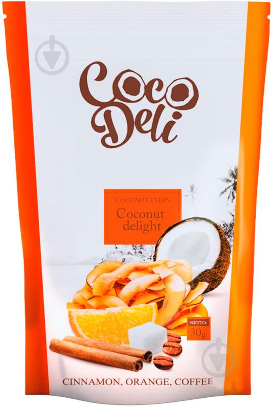 Чипси Coco Deli кокосові зі смаком апельсина, кориці і кави 30 г - фото 1