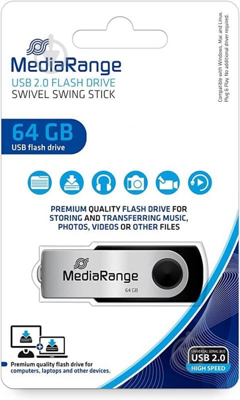 Флеш-память USB MediaRange 64 ГБ USB 2.0 black/silver (MR912) - фото 3