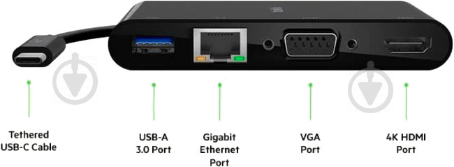 Адаптер Belkin USB-C - Ethernet/HDMI/VGA/USB-A чорний (AVC004BTBK) - фото 3