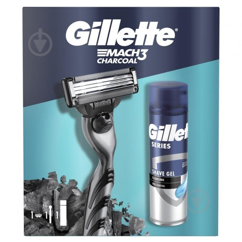 Подарочный набор для мужчин GILLETTE Станок для бритья Mach3 Charcoal с 1 сменным картриджем + Гель для бритья Gillette Series Очищающий с углем 200 мл - фото 2