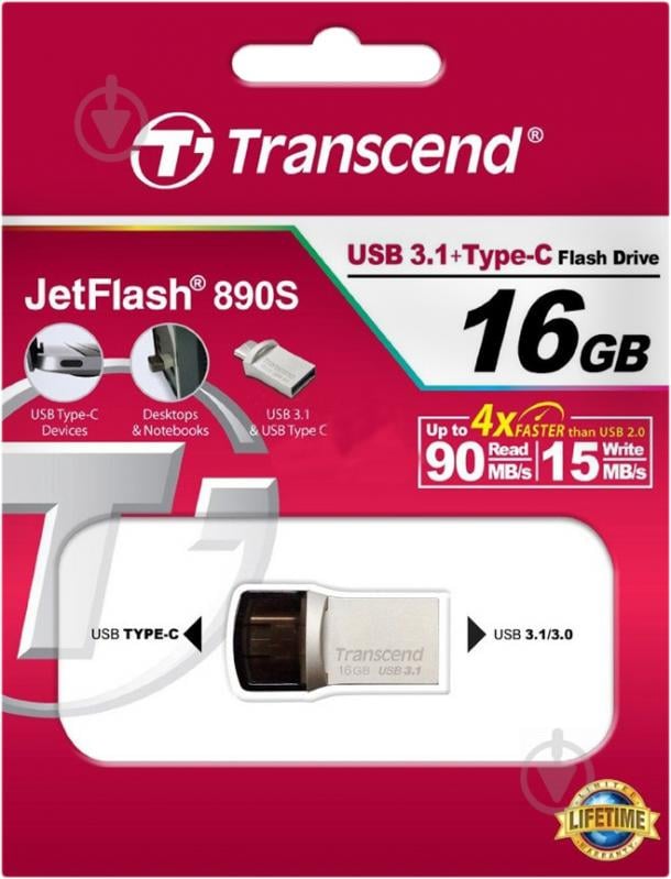 Флеш-пам'ять USB Transcend JetFlash 890 16 ГБ USB Type-CUSB 3.1 silver (TS16GJF890S) - фото 3