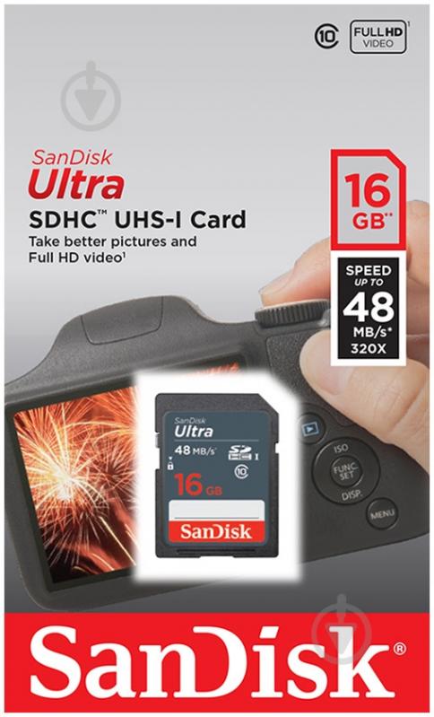 Карта пам'яті SanDisk SDHC C10 UHS-I R48MB/s Ultra 16GB (SDSDUNB-016G-GN3IN) - фото 2