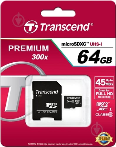 Карта памяти Transcend MicroSDXC C10 + SD адаптер 64GB (TS64GUSDXC10) - фото 3
