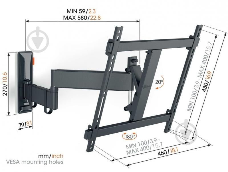 Кронштейн Vogels TVM 3443 поворотно-похилі 32"-65" чорний - фото 12